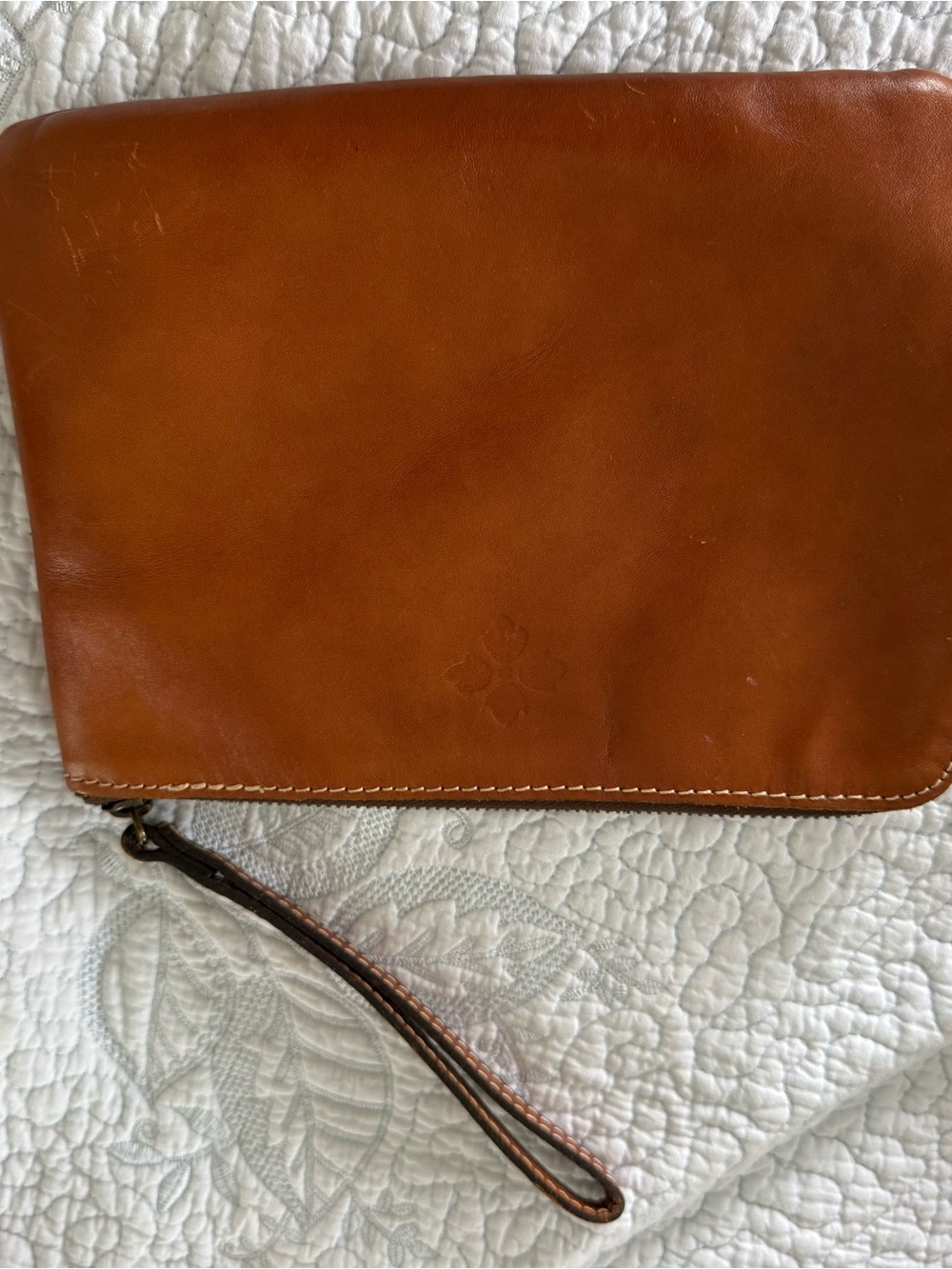 Leather Wristlet Clutch in Cognac Brown